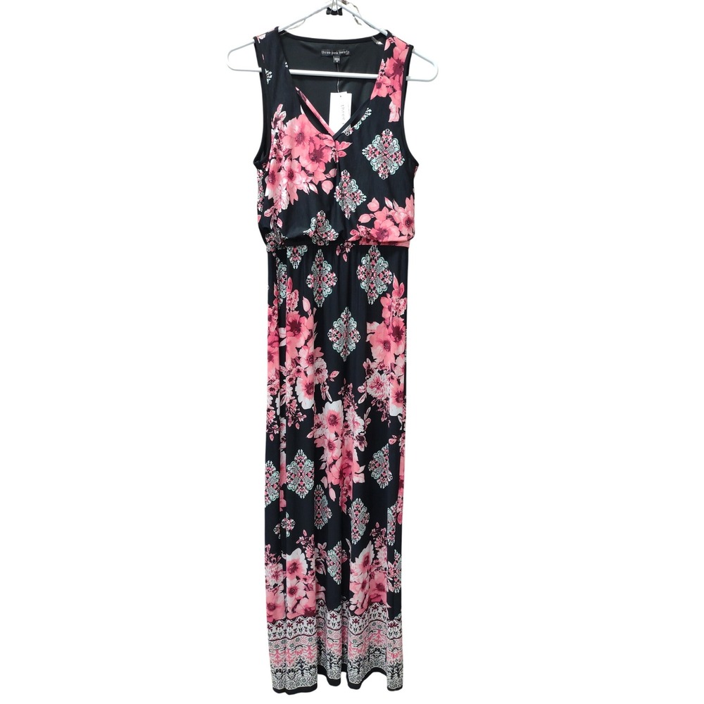 Three Pink Hearts Black Floral Maxi Dress Women's Size M‎ V-Neck Sleeveless